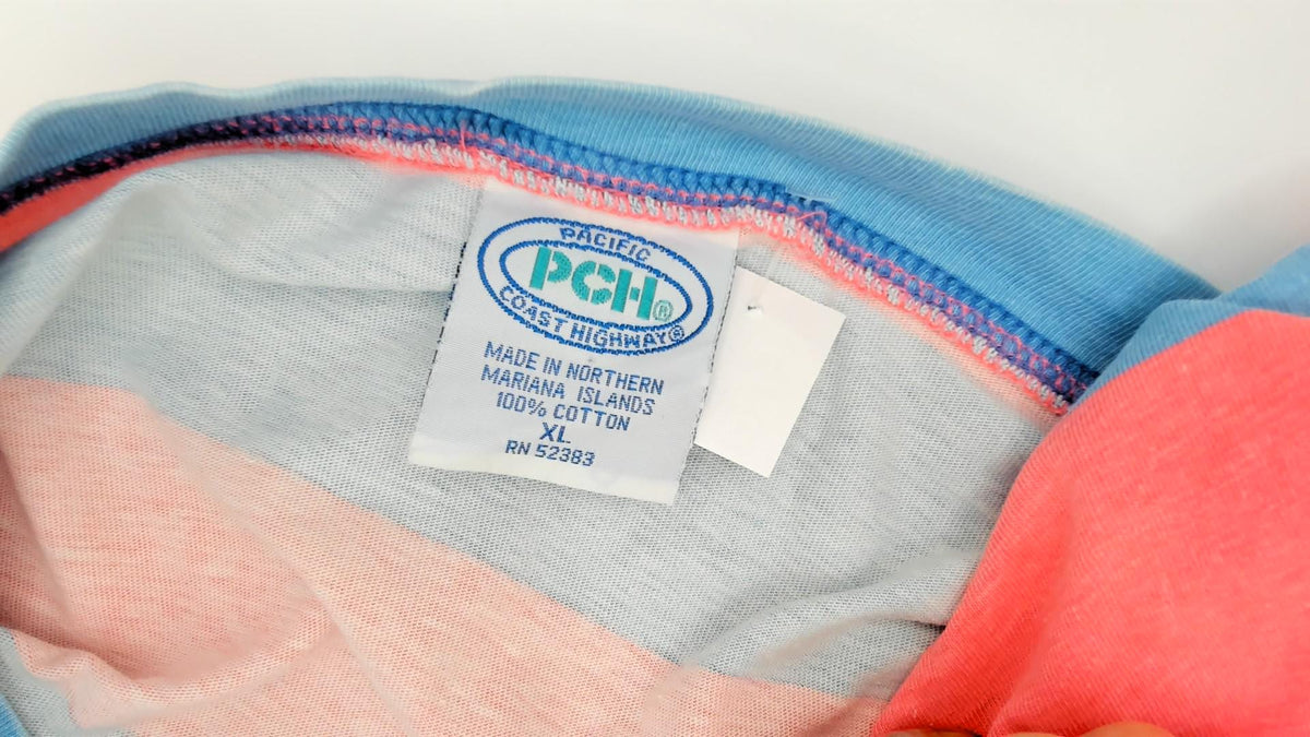 90s Pacific Coast Highway Rugby Stripe T-Shirt Pink Blue Cotton Extra Large