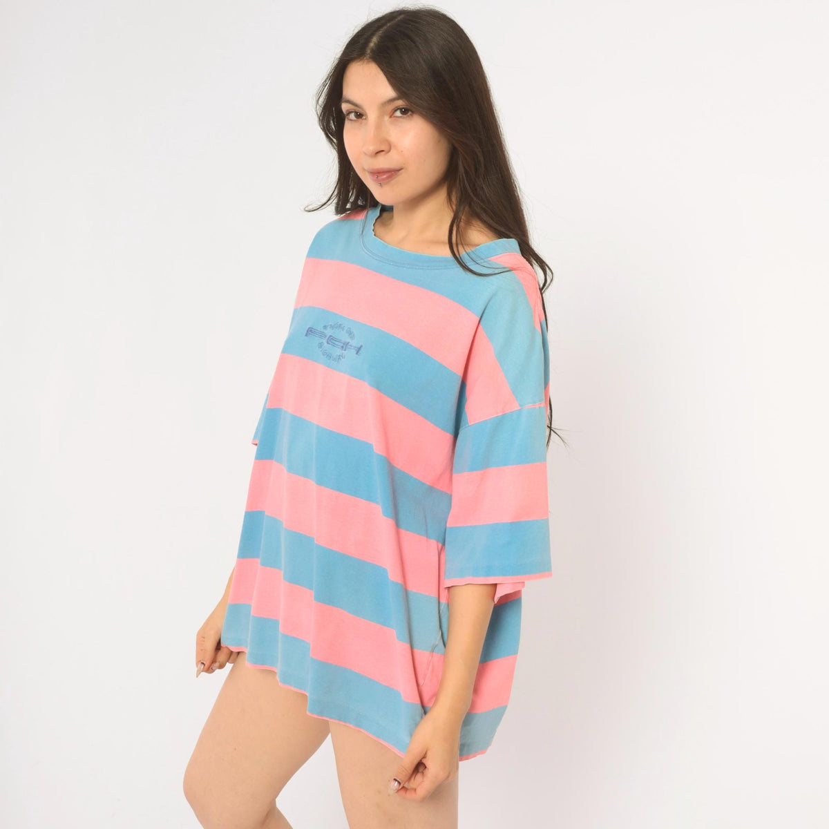 90s Pacific Coast Highway Rugby Stripe T-Shirt Pink Blue Cotton Extra Large
