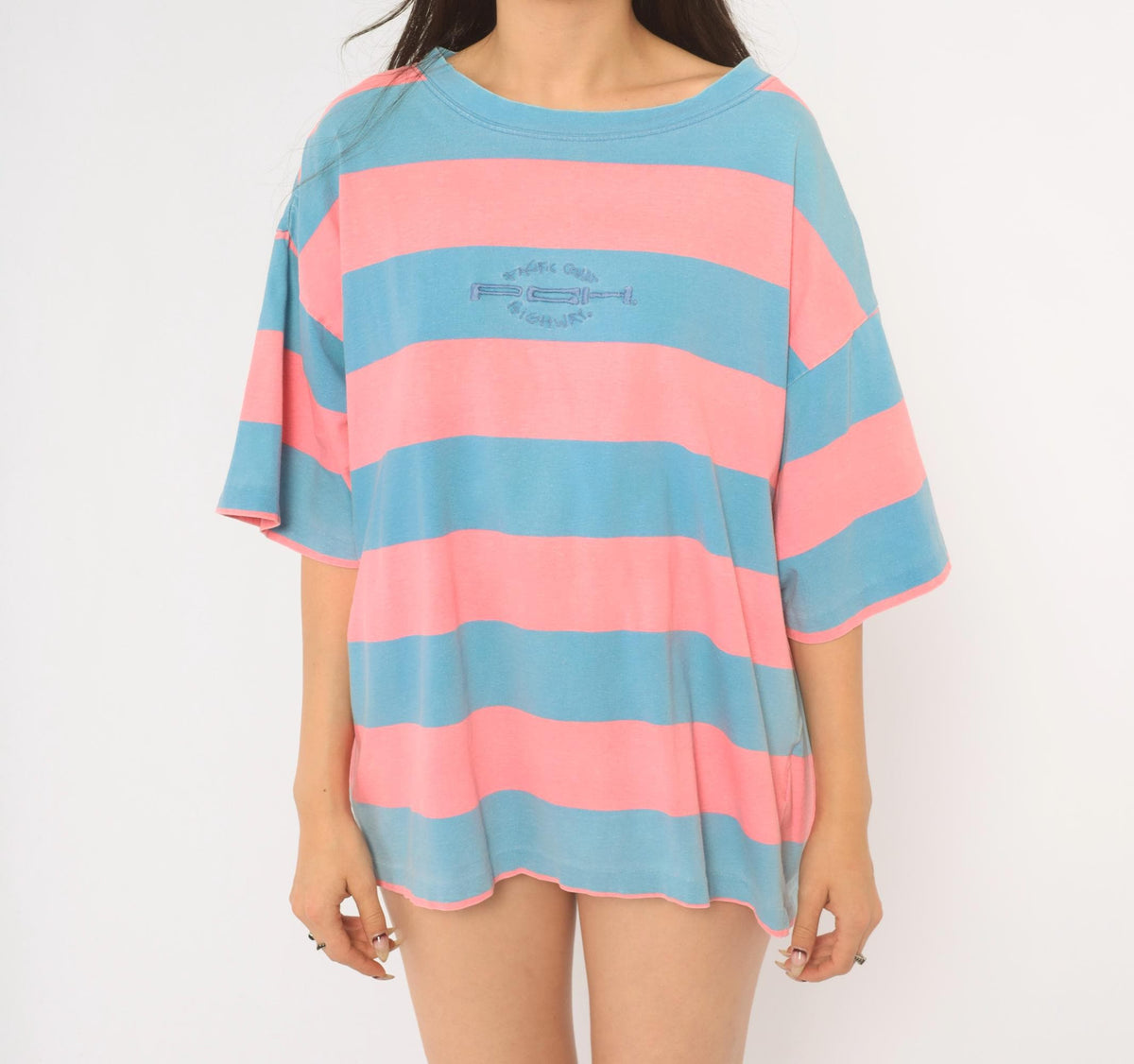 90s Pacific Coast Highway Rugby Stripe T-Shirt Pink Blue Cotton Extra Large
