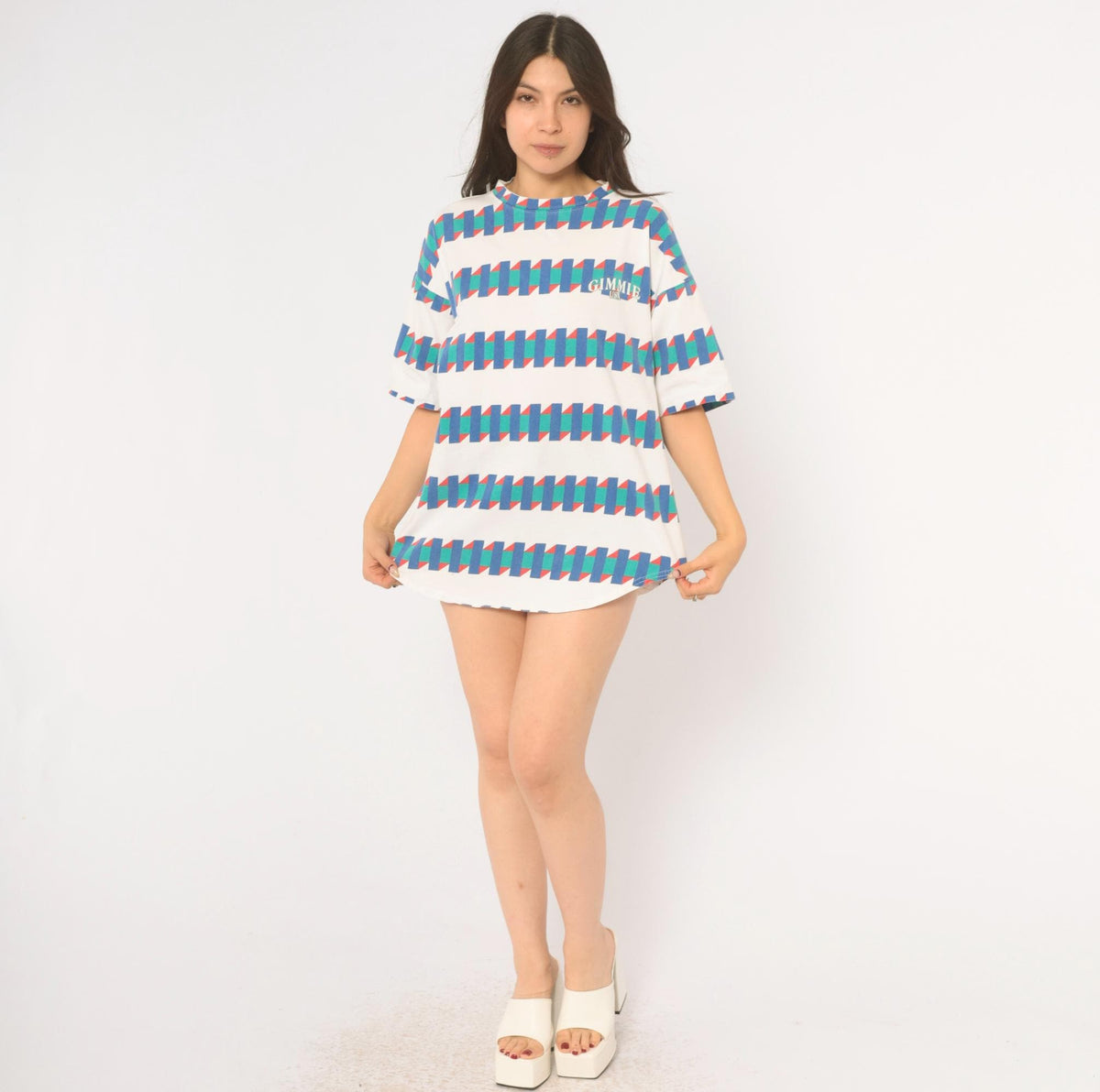 90s Gimmie USA Geometric Zigzag Cotton Tee White Blue Green Red Large L