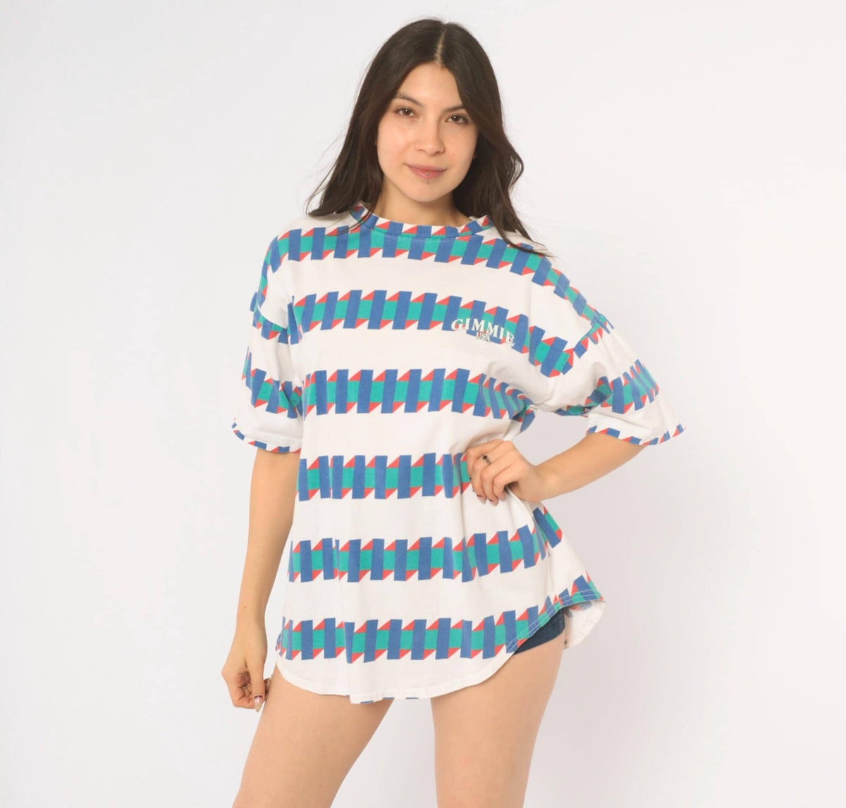 90s Gimmie USA Geometric Zigzag Cotton Tee White Blue Green Red Large L
