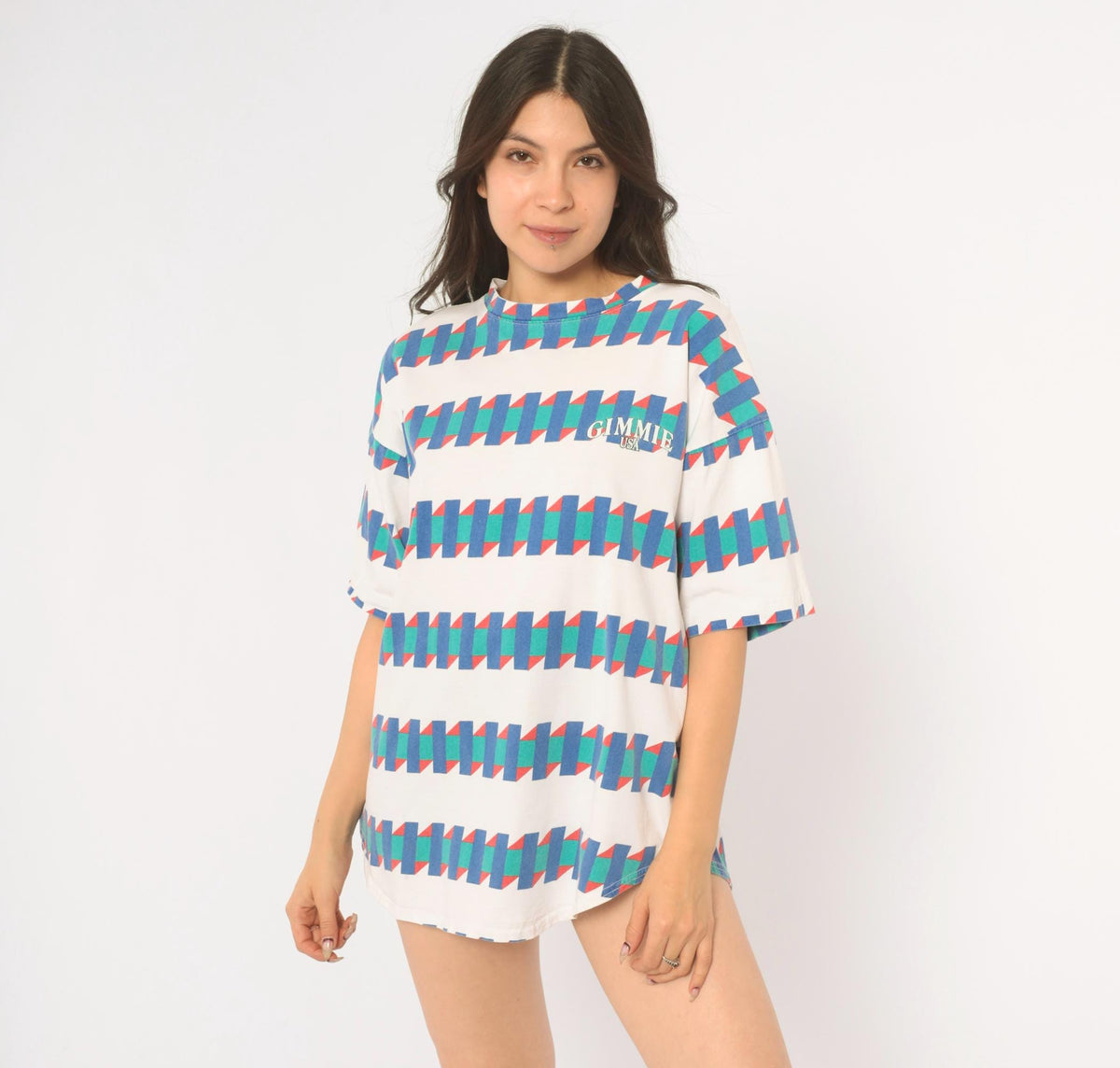 90s Gimmie USA Geometric Zigzag Cotton Tee White Blue Green Red Large L
