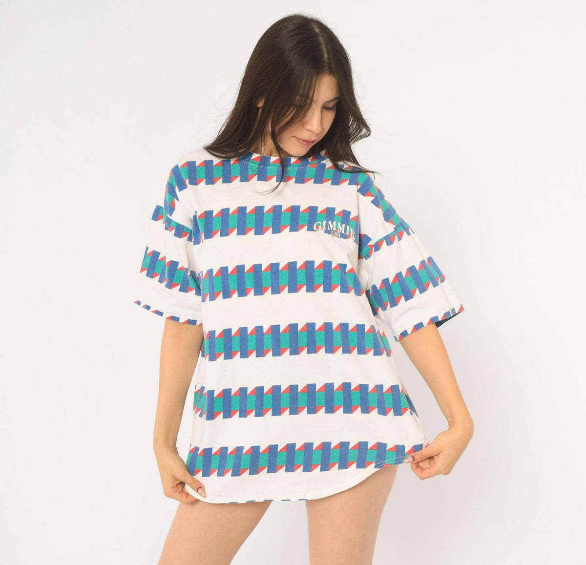 90s Gimmie USA Geometric Zigzag Cotton Tee White Blue Green Red Large L