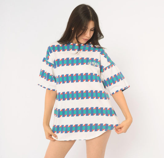 90s Gimmie USA Geometric Zigzag Cotton Tee White Blue Green Red Large L