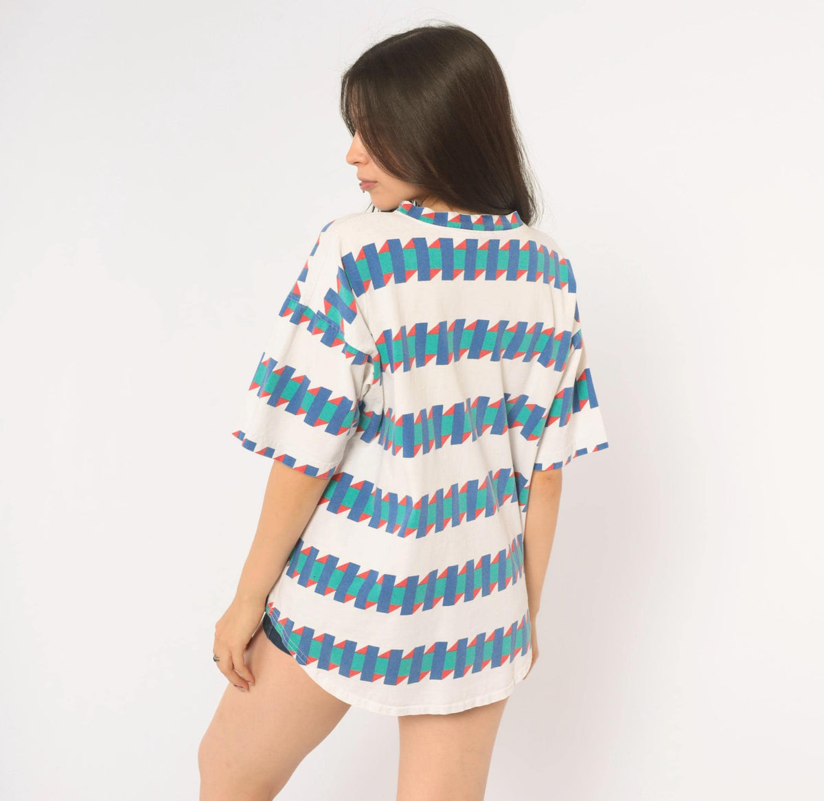 90s Gimmie USA Geometric Zigzag Cotton Tee White Blue Green Red Large L
