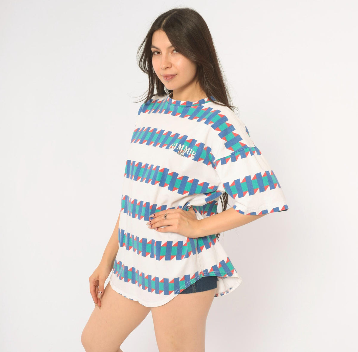 90s Gimmie USA Geometric Zigzag Cotton Tee White Blue Green Red Large L