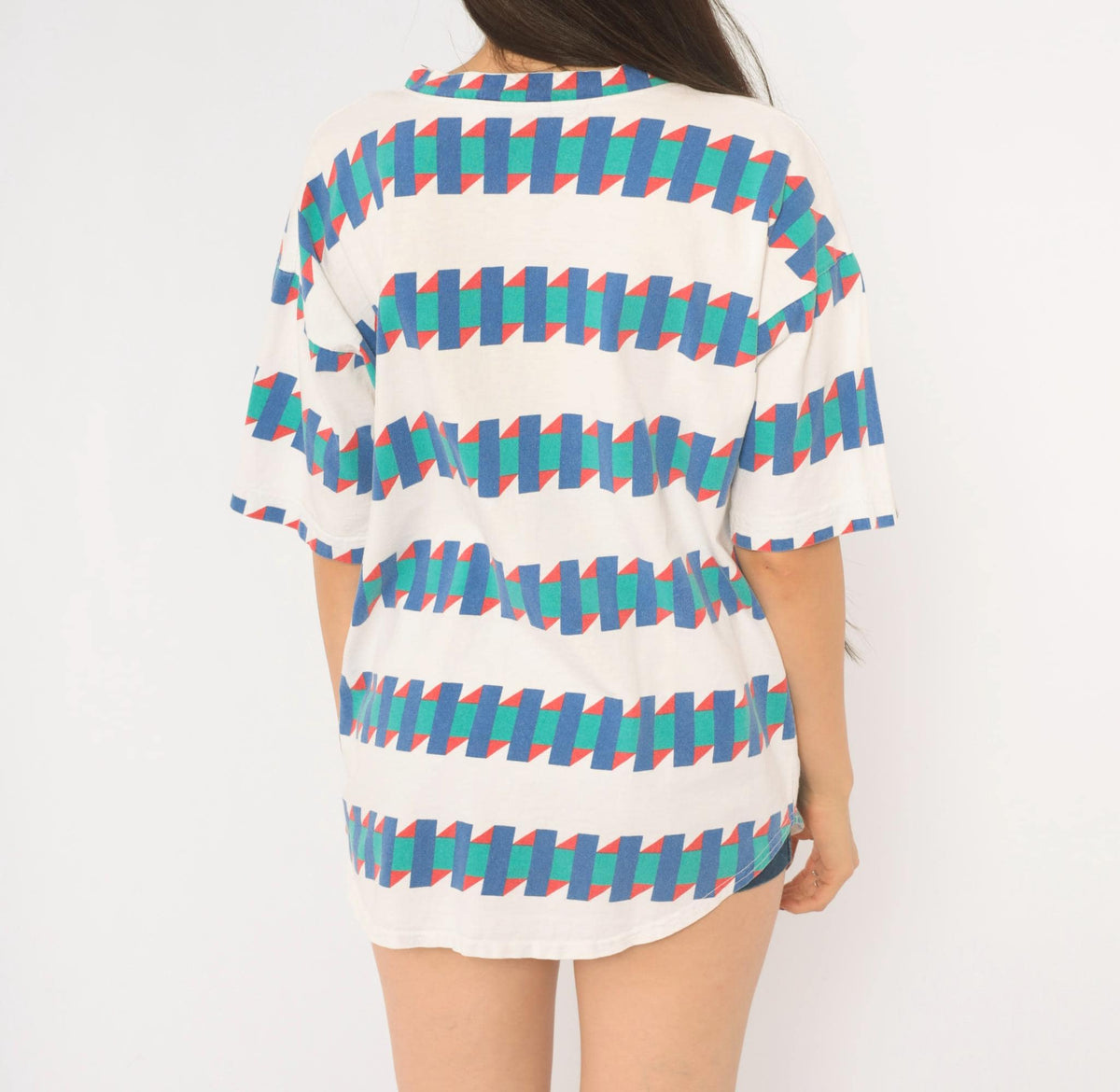 90s Gimmie USA Geometric Zigzag Cotton Tee White Blue Green Red Large L