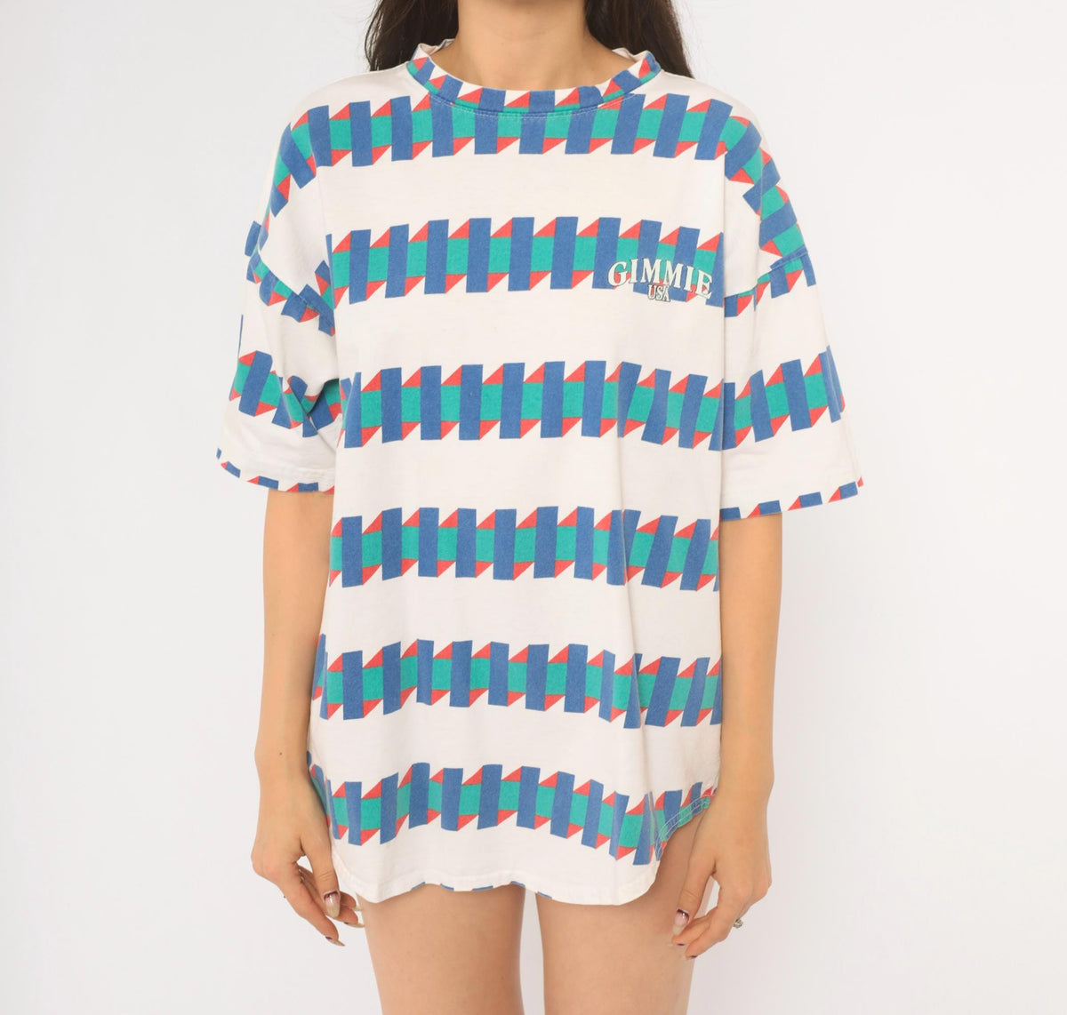 90s Gimmie USA Geometric Zigzag Cotton Tee White Blue Green Red Large L