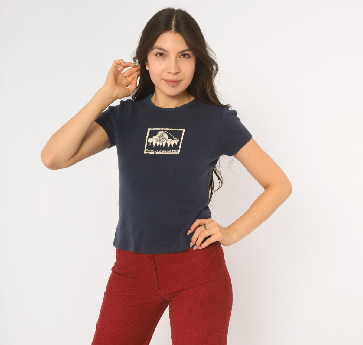 Y2K Kavio Yosemite National Park Baby Tee Navy Blue Mountain Graphic Medium M