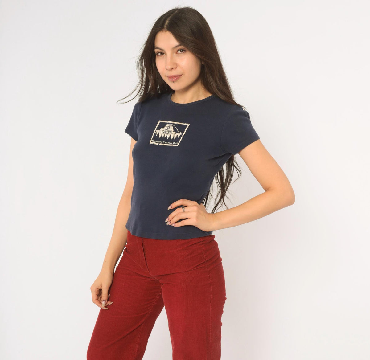 Y2K Kavio Yosemite National Park Baby Tee Navy Blue Mountain Graphic Medium M