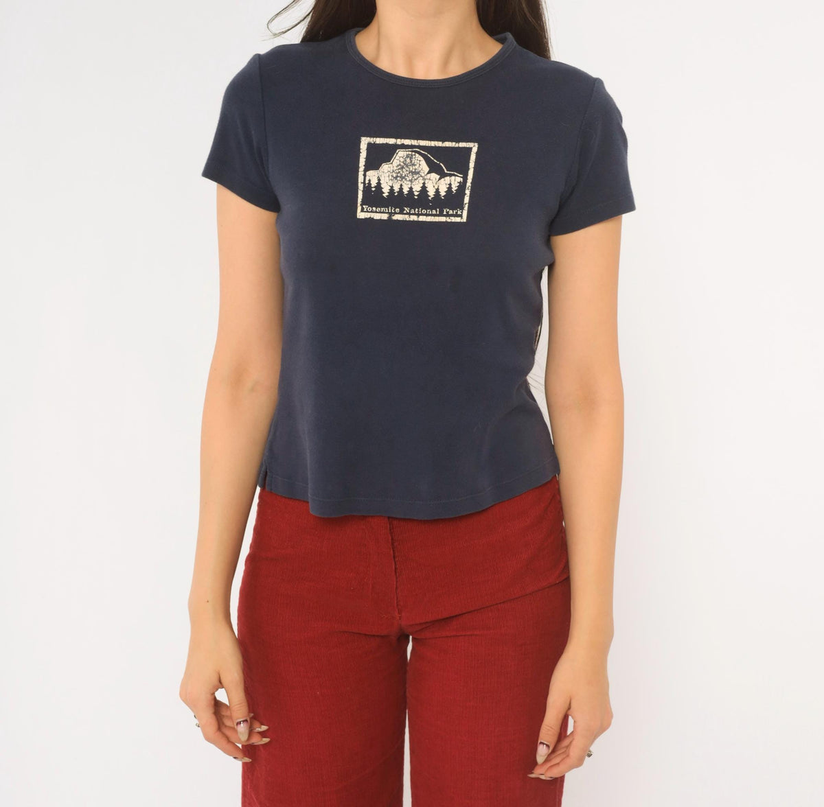 Y2K Kavio Yosemite National Park Baby Tee Navy Blue Mountain Graphic Medium M