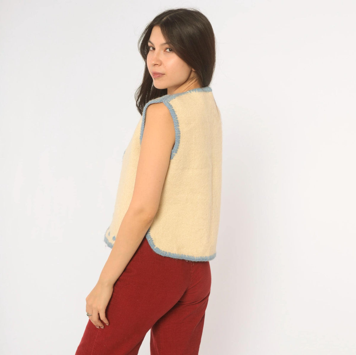 70s Cream Wool Vest Blue Embroidered Crochet Trim V Neck Cropped Extra Small XS