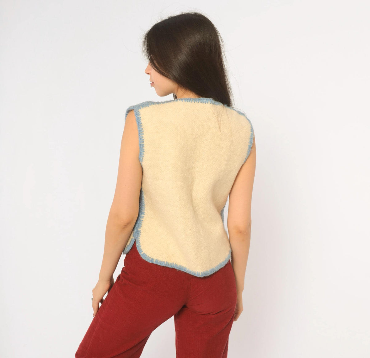 70s Cream Wool Vest Blue Embroidered Crochet Trim V Neck Cropped Extra Small XS