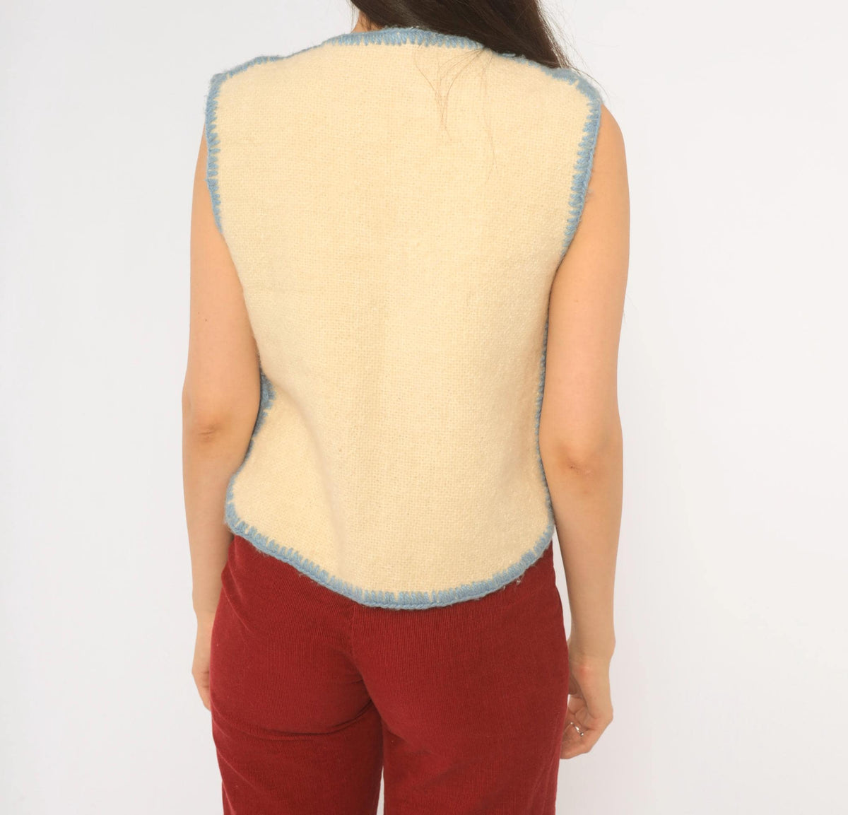 70s Cream Wool Vest Blue Embroidered Crochet Trim V Neck Cropped Extra Small XS