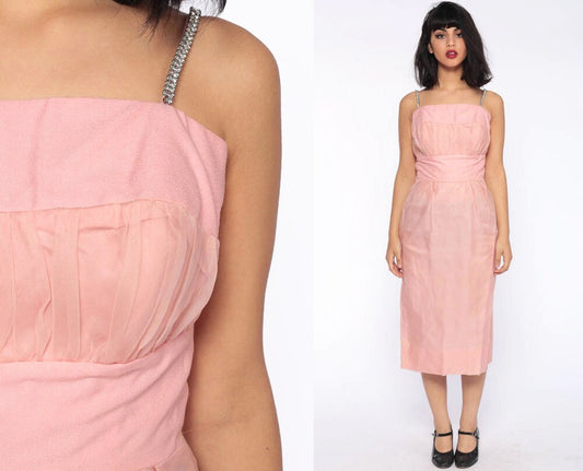 50s Pink Rhinestone Dress Lilli Diamond Cocktail 1950s Party Sheath Wiggle 60s Mad Men Hourglass Sleeveless Vintage Tea Length Midi Small