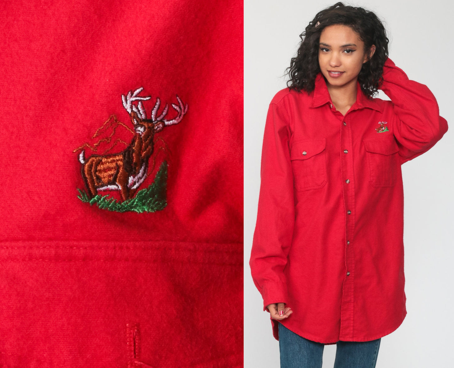 Cotton Deer Shirt 90s Red Shirt Button Up Top 1990s Long Sleeve Shirt Hunting Animal Vintage Hipster Plain Shirt Collared Men's Large Tall