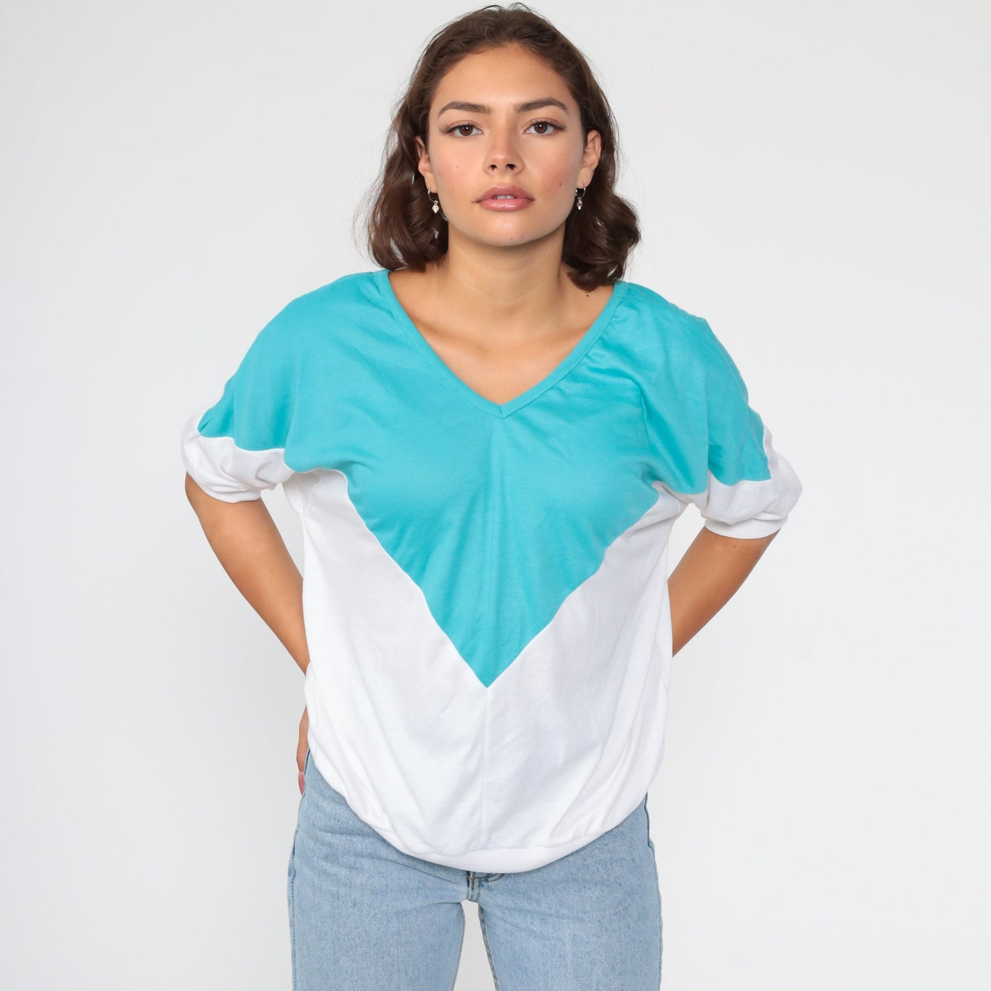 Color Block Shirt Turquoise White Top 80s V Neck Shirt 1/2 Dolman Sleeve Top Retro 1980s Vintage Slouch Chevron Top Large