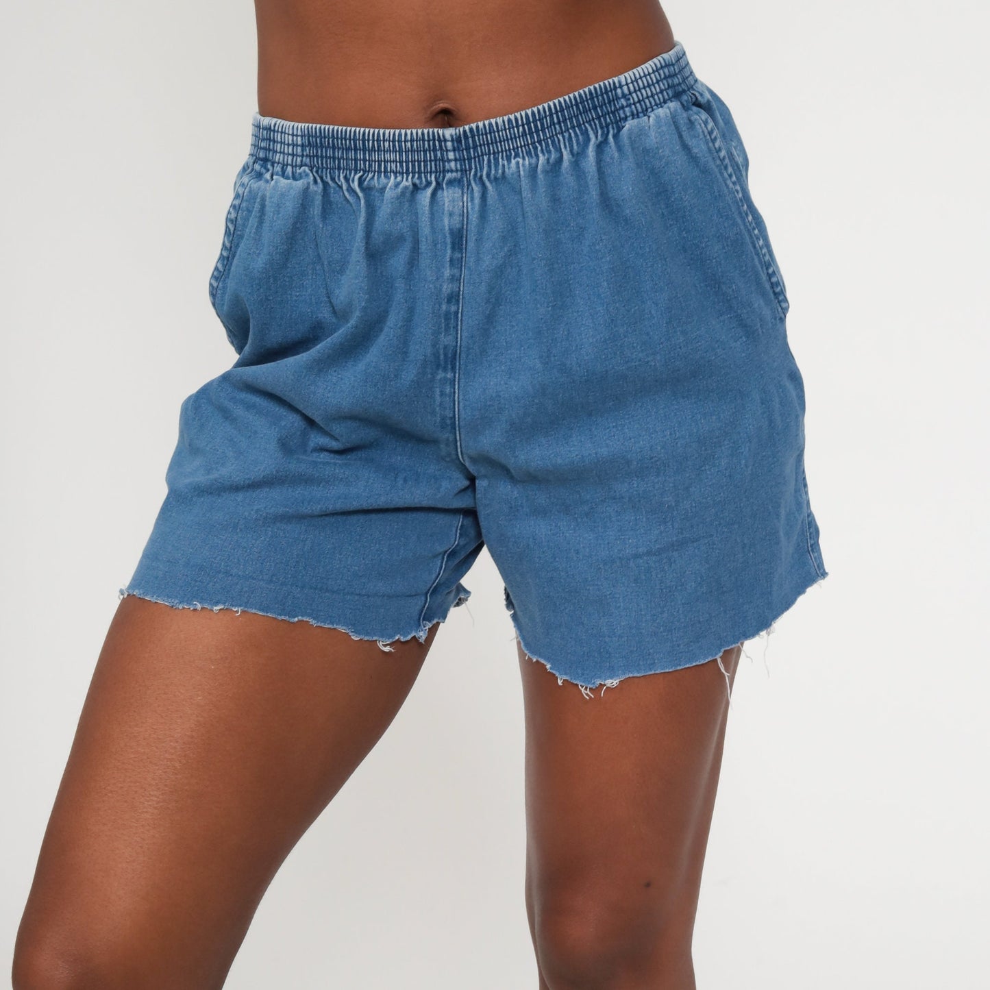Frayed Jean Shorts Cutoff Denim Shorts 80s High Waisted Elastic Hotpants Jogging Boho Hot Pants 1980s Vintage Bohemian Blue Small Medium