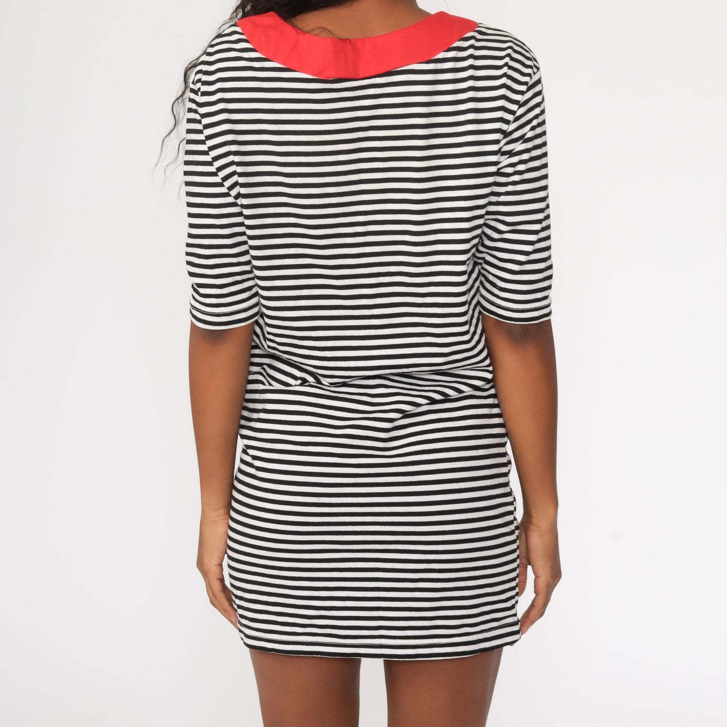 Black White Striped Dress 80s Mini Dress Red Trim Pocket 1980s Retro Long Sleeve Minidress Ringer Shift Medium