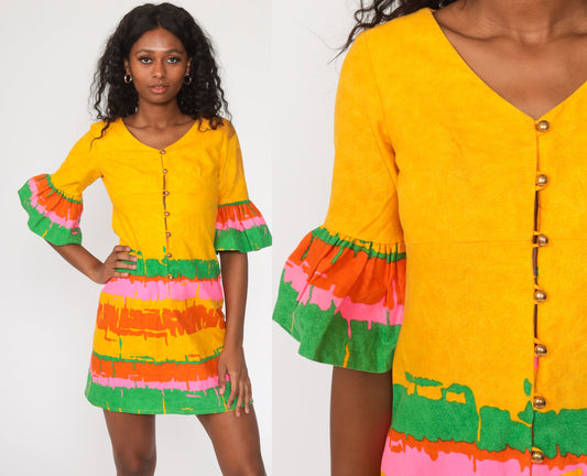 60s Mini Dress Bright Yellow Shift Mod Neon Hippie 70s Boho Striped Gogo Tropical Vintage 1970s Bell Sleeve Go Go Bohemian Small Petite