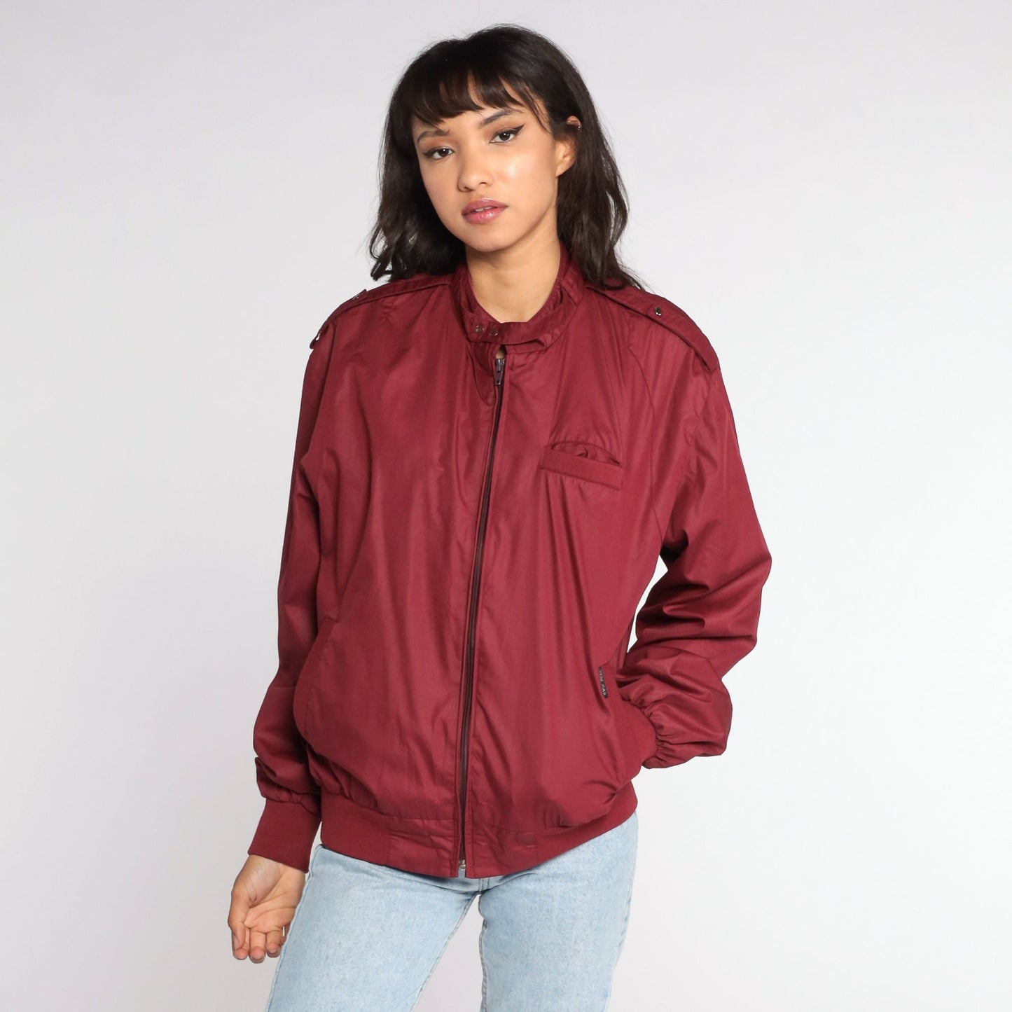 Burgundy BOMBER Jacket 80s Windbreaker Cafe Racer Moto Epaulette Coat Vintage 1980s Lightweight Sportswear Large