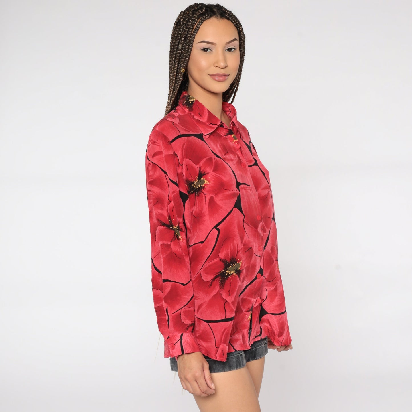 Silk Floral Shirt 90s Red Floral Button Up Shirt 80s Long Sleeve Top 1990s Vintage Shirt Large