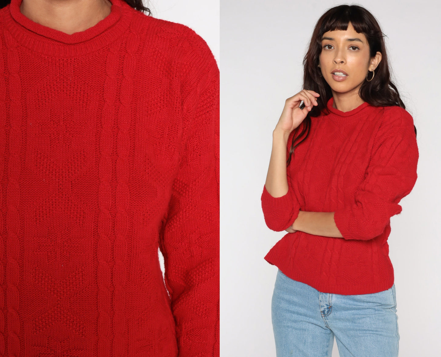 80s Cable Knit Sweater -- 1980s Red Fair Isle Sweater Knit Grunge Slouchy Sweater Nordic Pullover Cableknit Jumper Vintage Small S