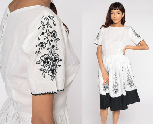 60s Dress Black White Party Floral Embroidered Dress 1960s Dress Midi COTTON Pleated Prom Formal Vintage High Waist Mad Men Small S