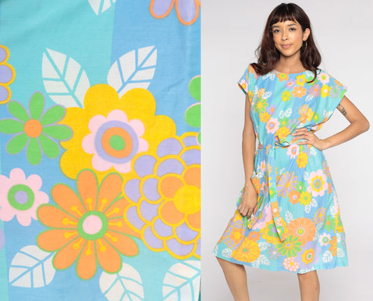 60s Floral Dress Wrap Dress Flower Power Dress Tea Length Midi Bright Blue Orange 1960s Vintage Full Skirt Flare High Waist Large L