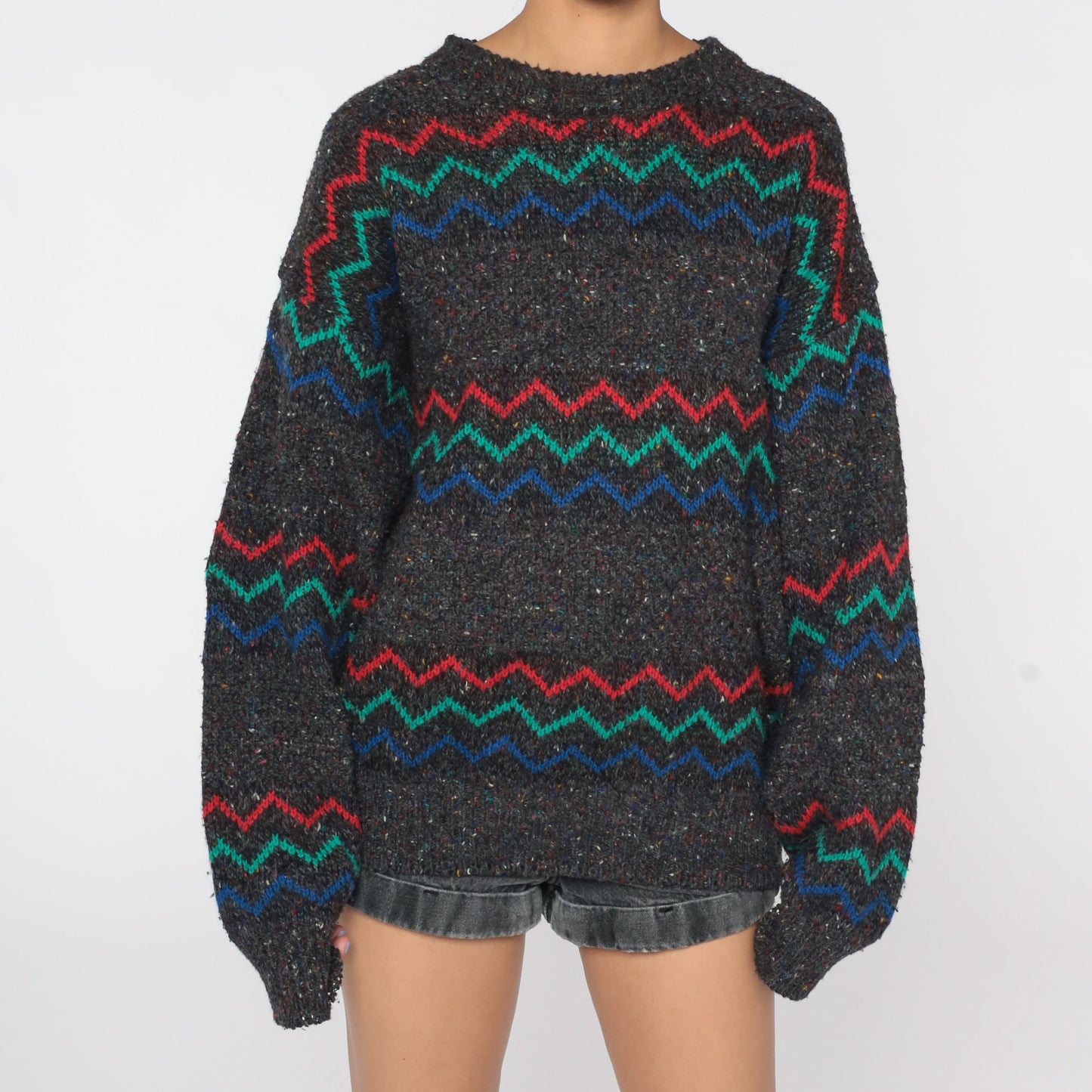 80s Sweater Zig Zag Print Knit Jumper Grey Striped Sweater Wool Blend Sweater 1980s Statement Vintage Pullover Men's Medium