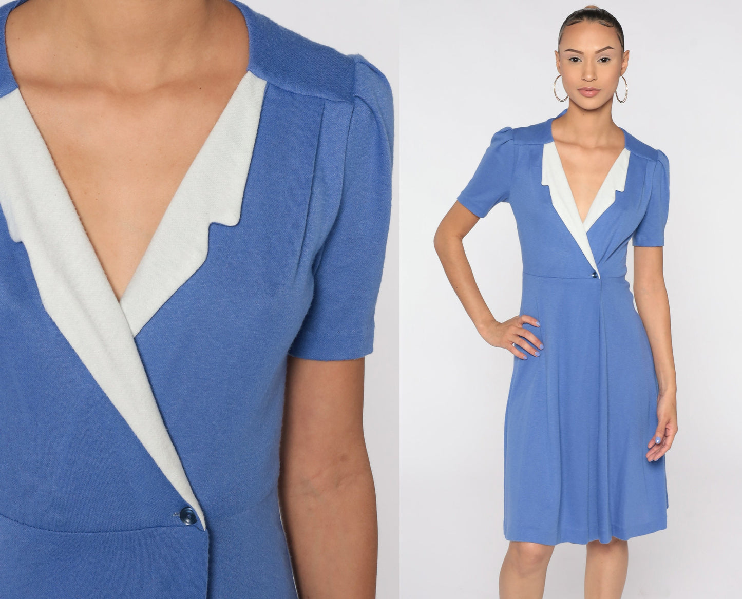 Purple Wrap Dress 80s High Waisted Midi Puff Sleeve Dress Deep V Neck Plain Boho Secretary 1980s Vintage Small s
