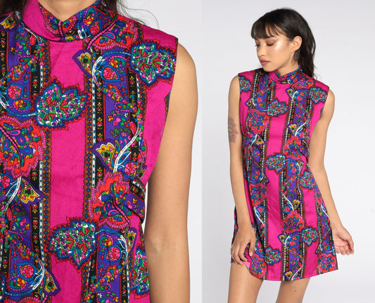 60s Hippie Dress 70s Mod Mini Neon Pink Boho Psychedelic Dress Paisley 1970s Bohemian Shift Vintage Sleeveless Mock Neck Small S