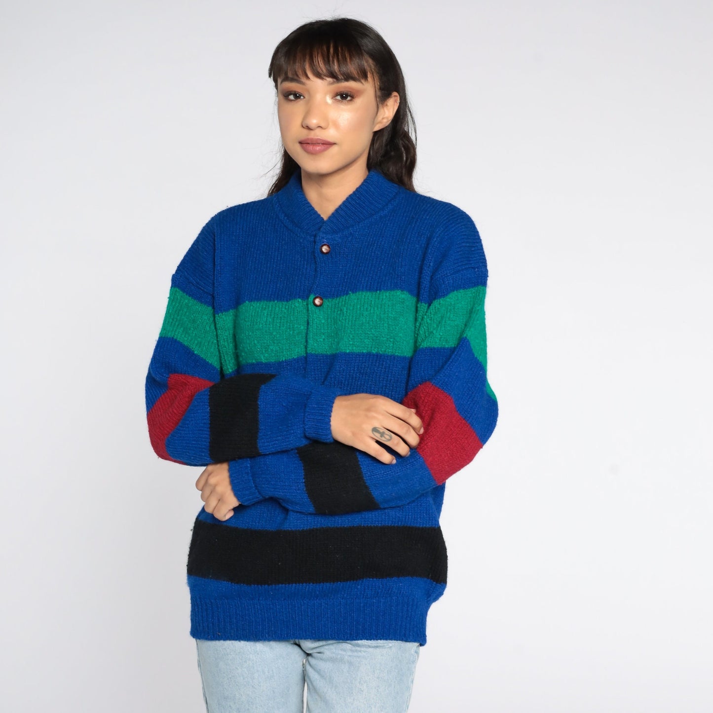80s Pendleton Sweater Wool Blend Striped Sweater Knit Slouchy Pullover Jumper Knit 1980s Vintage Red Blue Medium