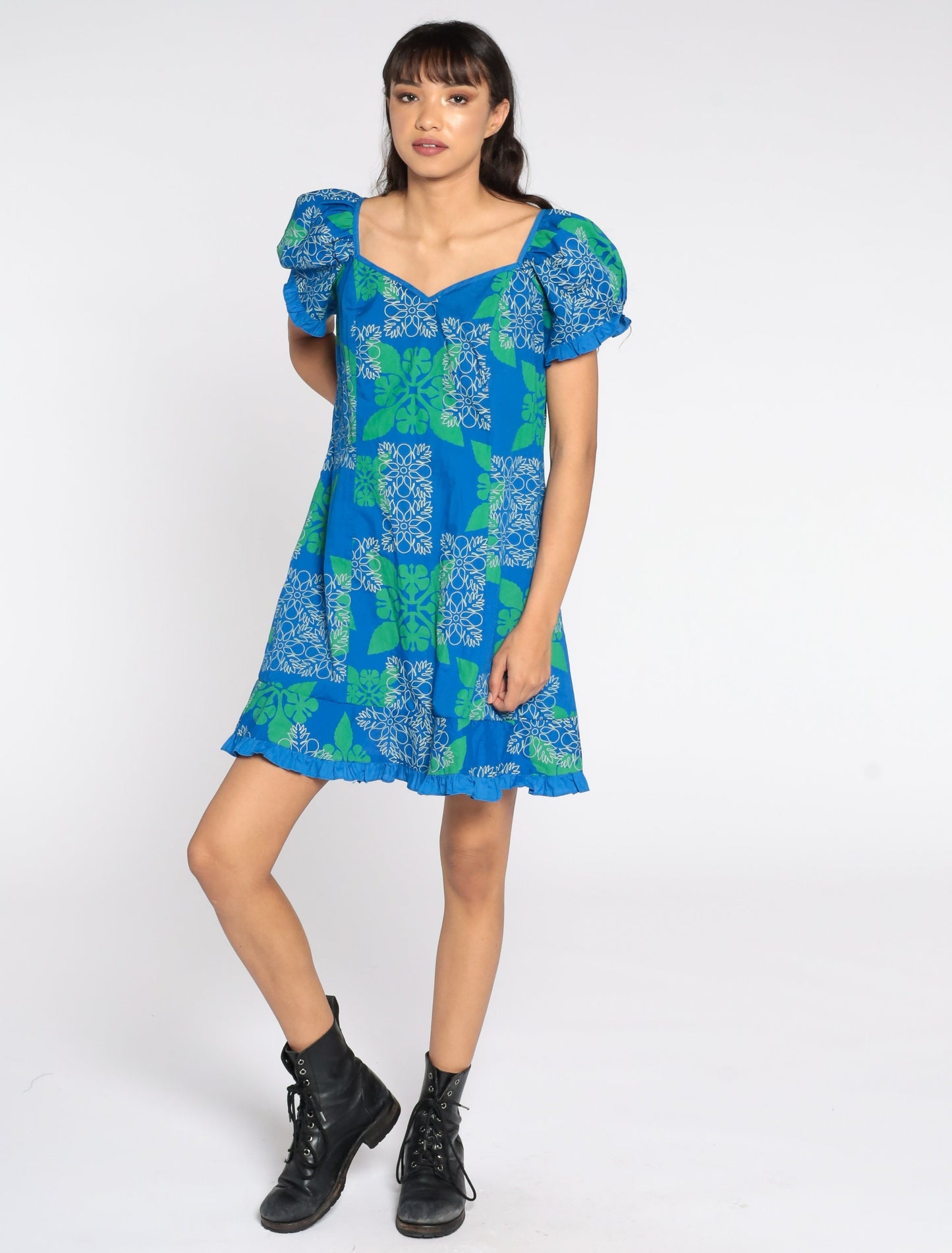 Blue Hawaiian Dress Tropical Mini Dress 80s Geometric Print Surfer Dress 1980s Surf Vintage Puff Sleeve Dress Summer Shift Medium