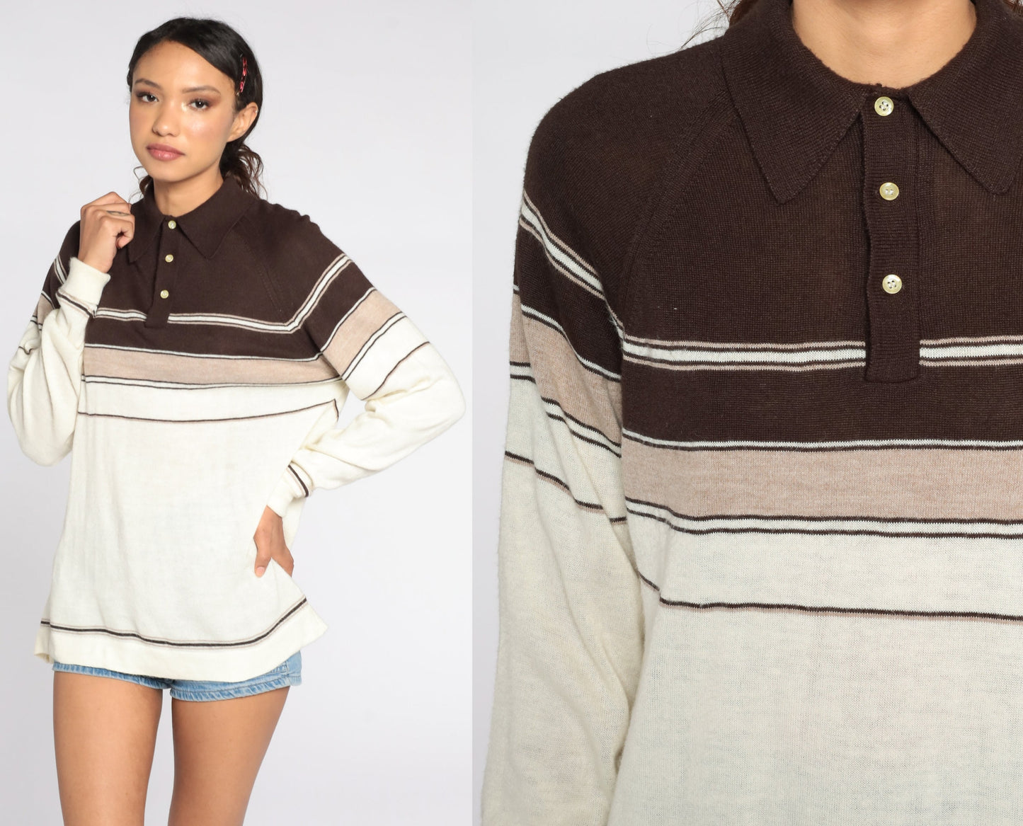 70s Striped Sweater 70s Polo Knit Retro Cream Brown Stripe Print Slouchy Freaks and Geeks 1970s Vintage Pullover Button Up Medium Large