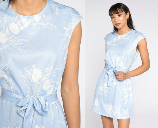 60s Mod Dress Baby Blue Floral Mini Hippie Vintage 70s Boho Cap Sleeve Sheath Sixties Minidress Shift Bohemian Retro Medium