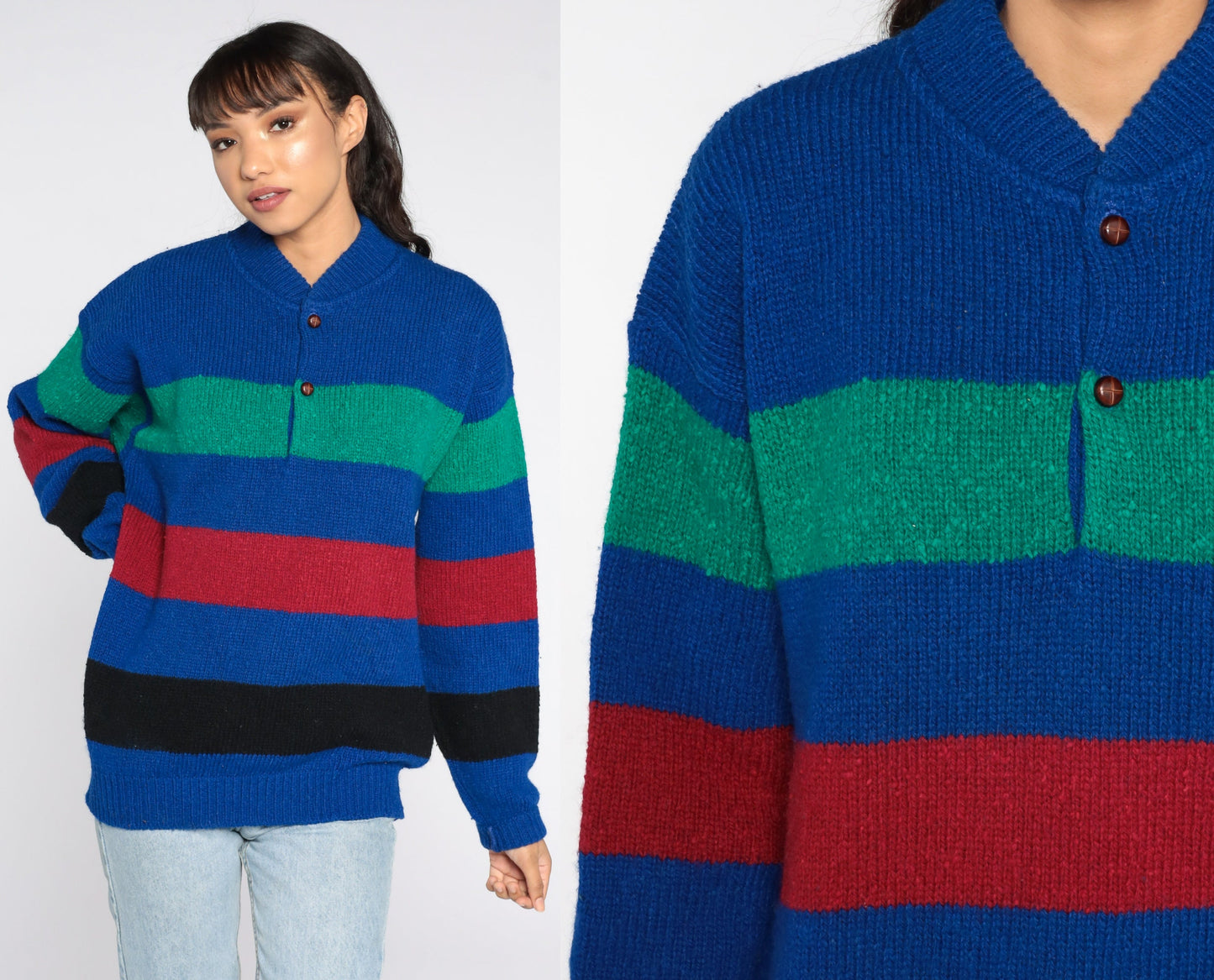 80s Pendleton Sweater Wool Blend Striped Sweater Knit Slouchy Pullover Jumper Knit 1980s Vintage Red Blue Medium
