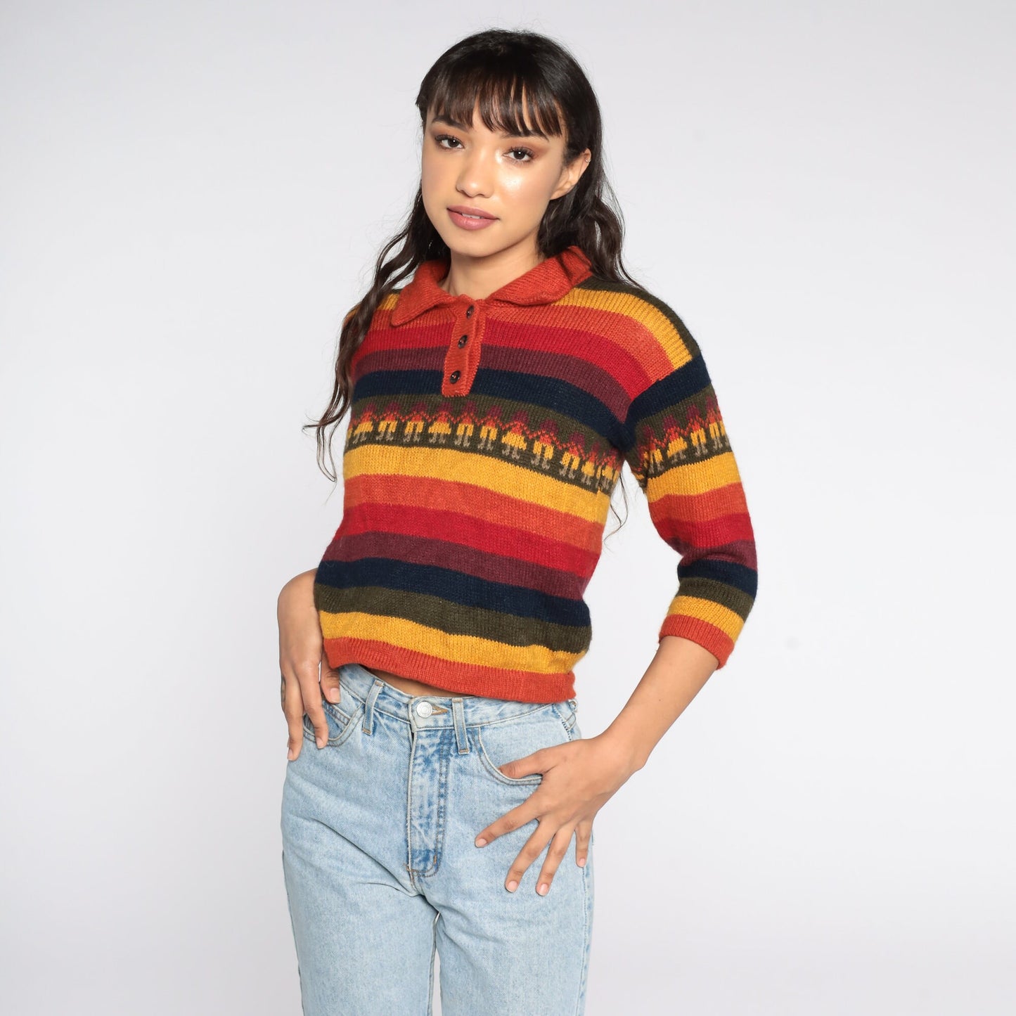80s Cropped Sweater Orange Striped Top People Print 3/4 Sleeve Sweater Retro Top Striped Shirt 80s Sweater Top 1980s Vintage Extra Small xs