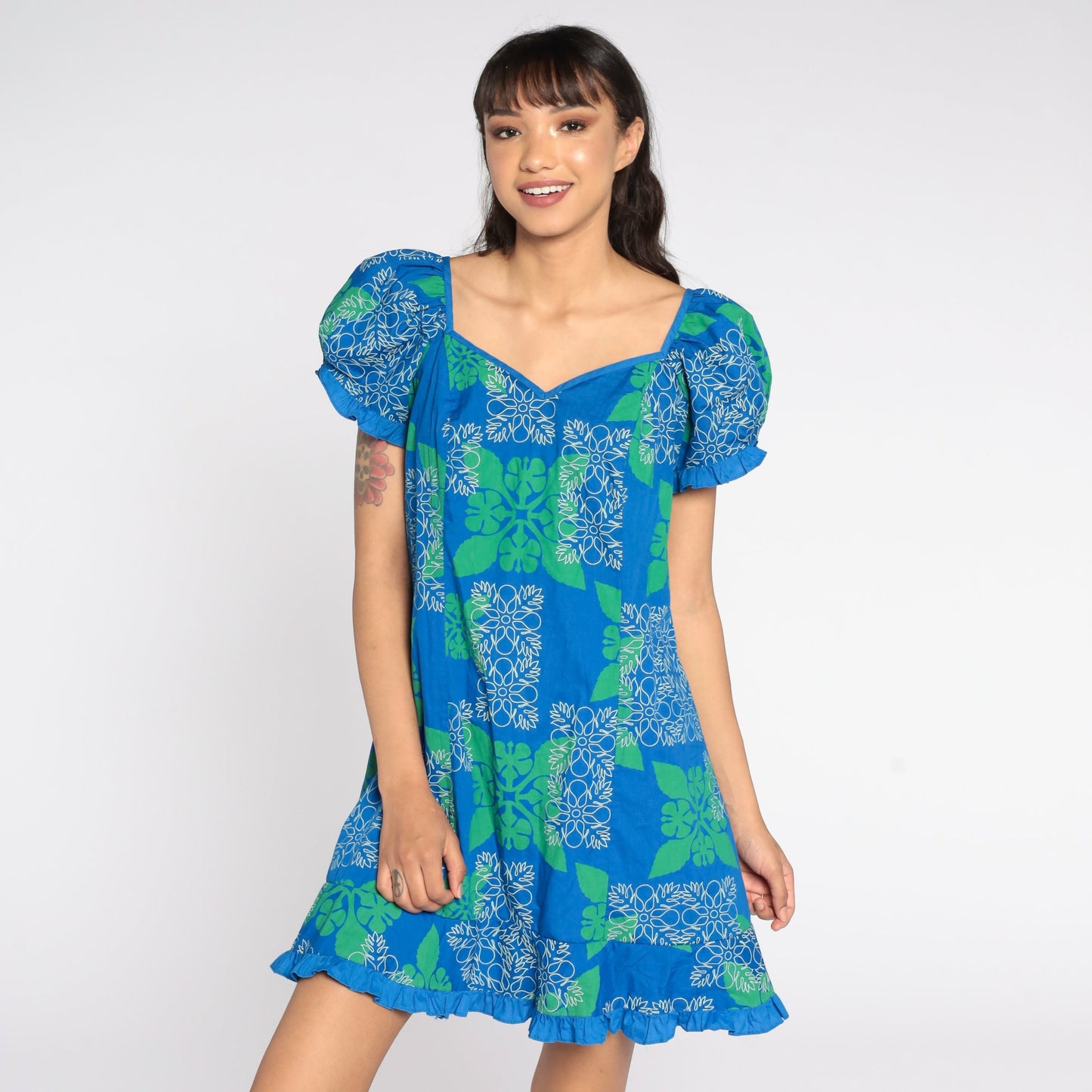 Blue Hawaiian Dress Tropical Mini Dress 80s Geometric Print Surfer Dress 1980s Surf Vintage Puff Sleeve Dress Summer Shift Medium