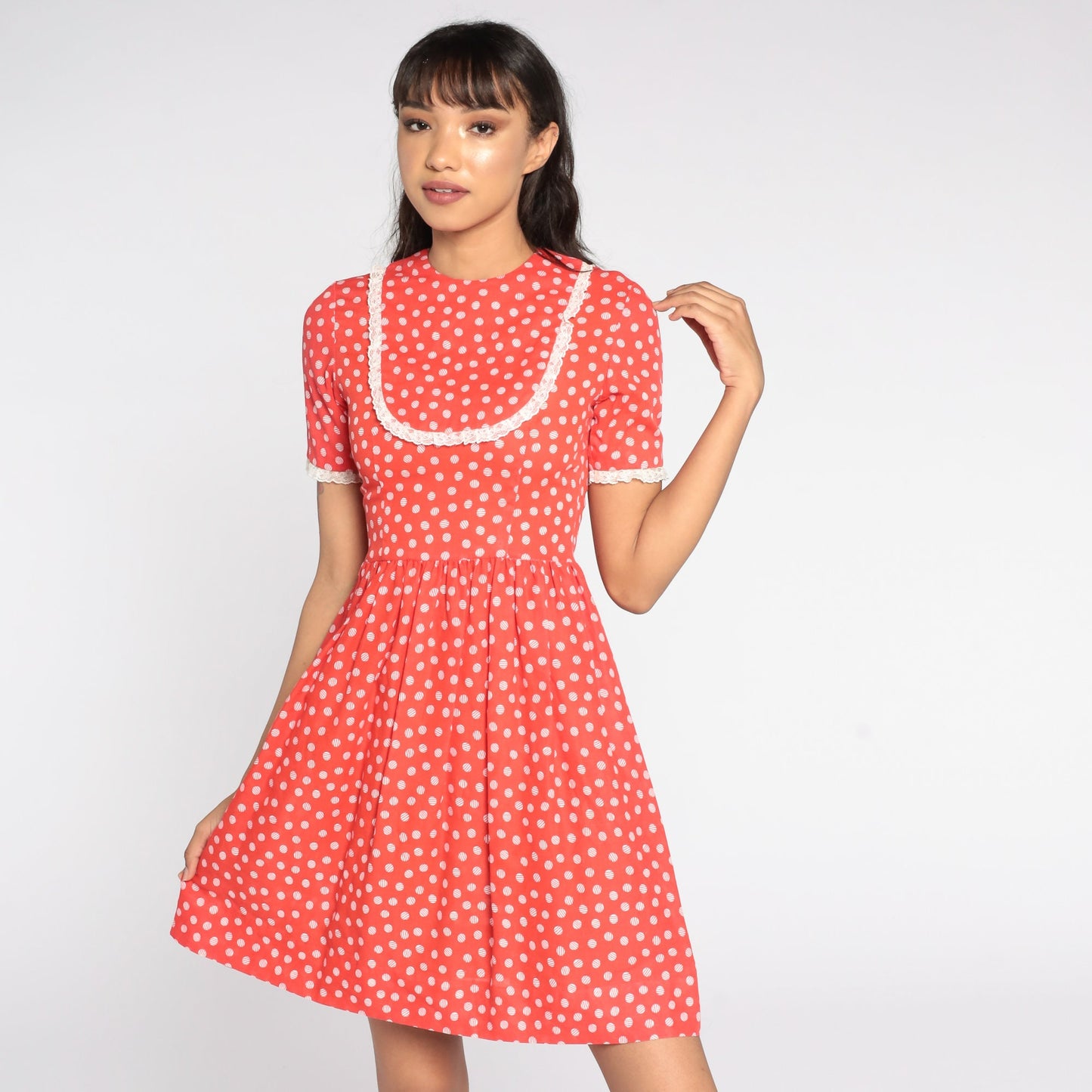 Red Polka Dot Dress 70s Mini Dress Bib Dress 1970s Boho High Waisted Retro Vintage Short Sleeve 60s Bohemian Fit and Flare Extra Small xs 2