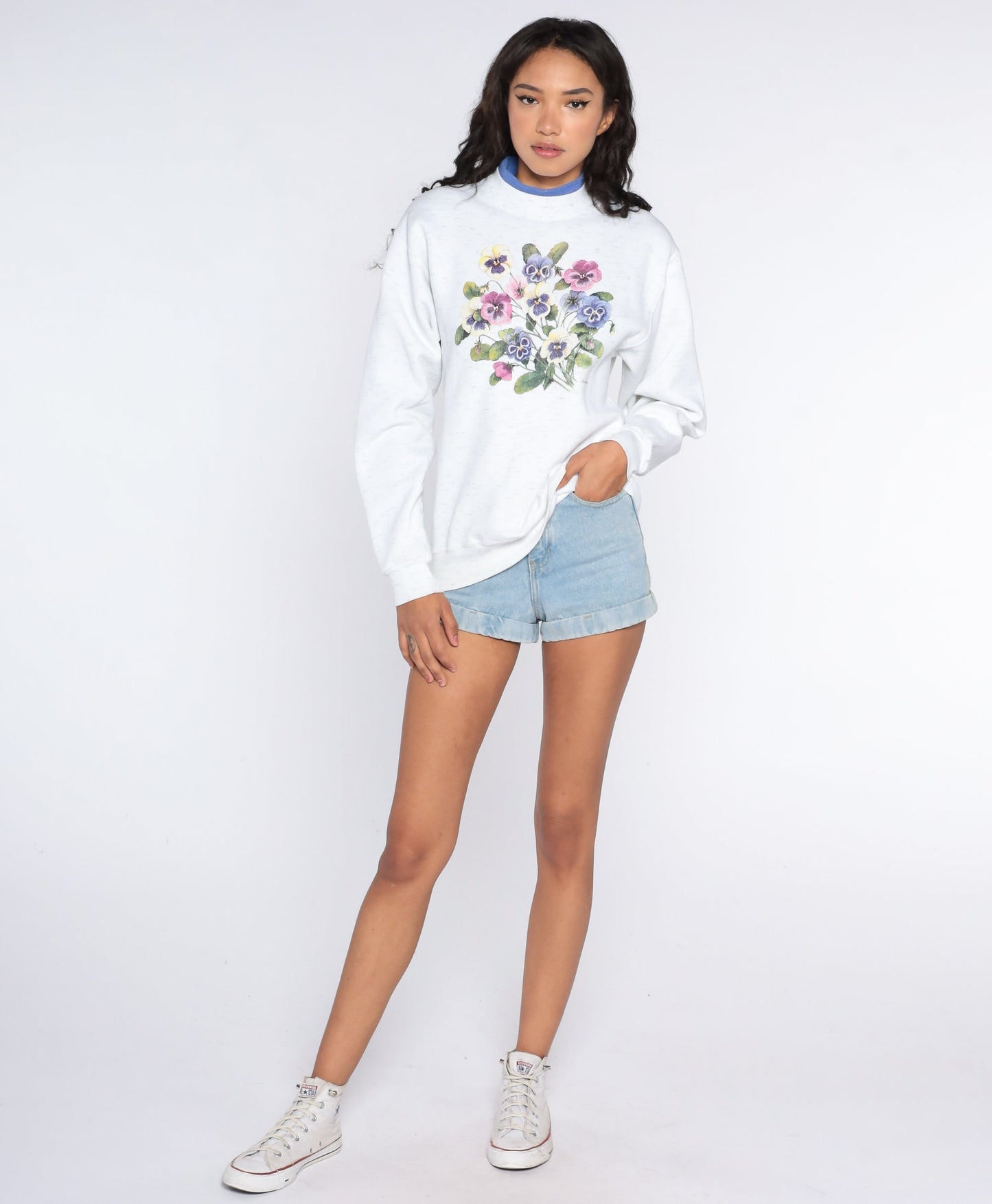 Pansy Sweatshirt 90s Floral Sweatshirt Grey Jumper Shirt 80s Graphic Sweater Pullover Vintage Kawaii Retro Small Medium