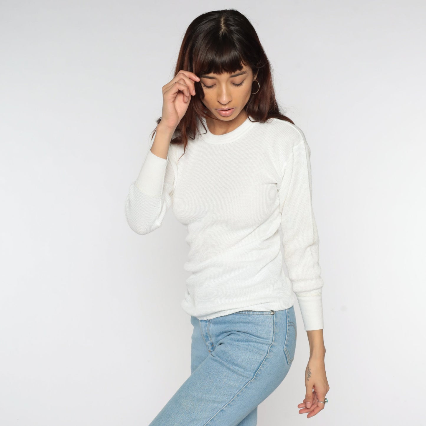 White Thermal Shirt 80s Long Sleeve Undershirt WAFFLE KNIT Shirt 90s Under Shirt T Shirt Underwear Retro Tee Layer Vintage Small Medium S M