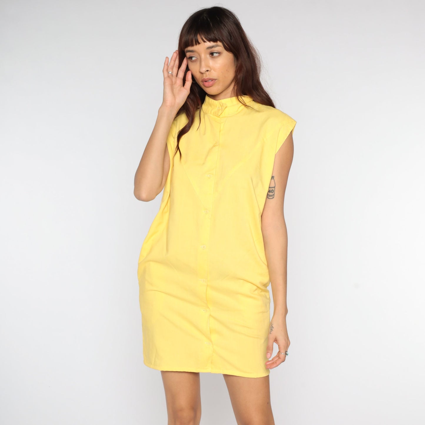 80s Mini Dress Shirtdress Shift Yellow Button Up Dress 1980s Cap Sleeve Plain Simple Vintage Retro MiniDress Collar Casual Small Medium xs