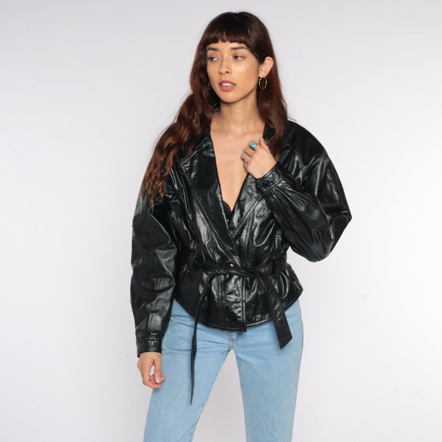 Black Leather Jacket 80s MOTORCYCLE Jacket Biker 1980s Belted Button Up Vintage Moto Punk Rock Hipster Goth Cropped Coat Retro Medium M