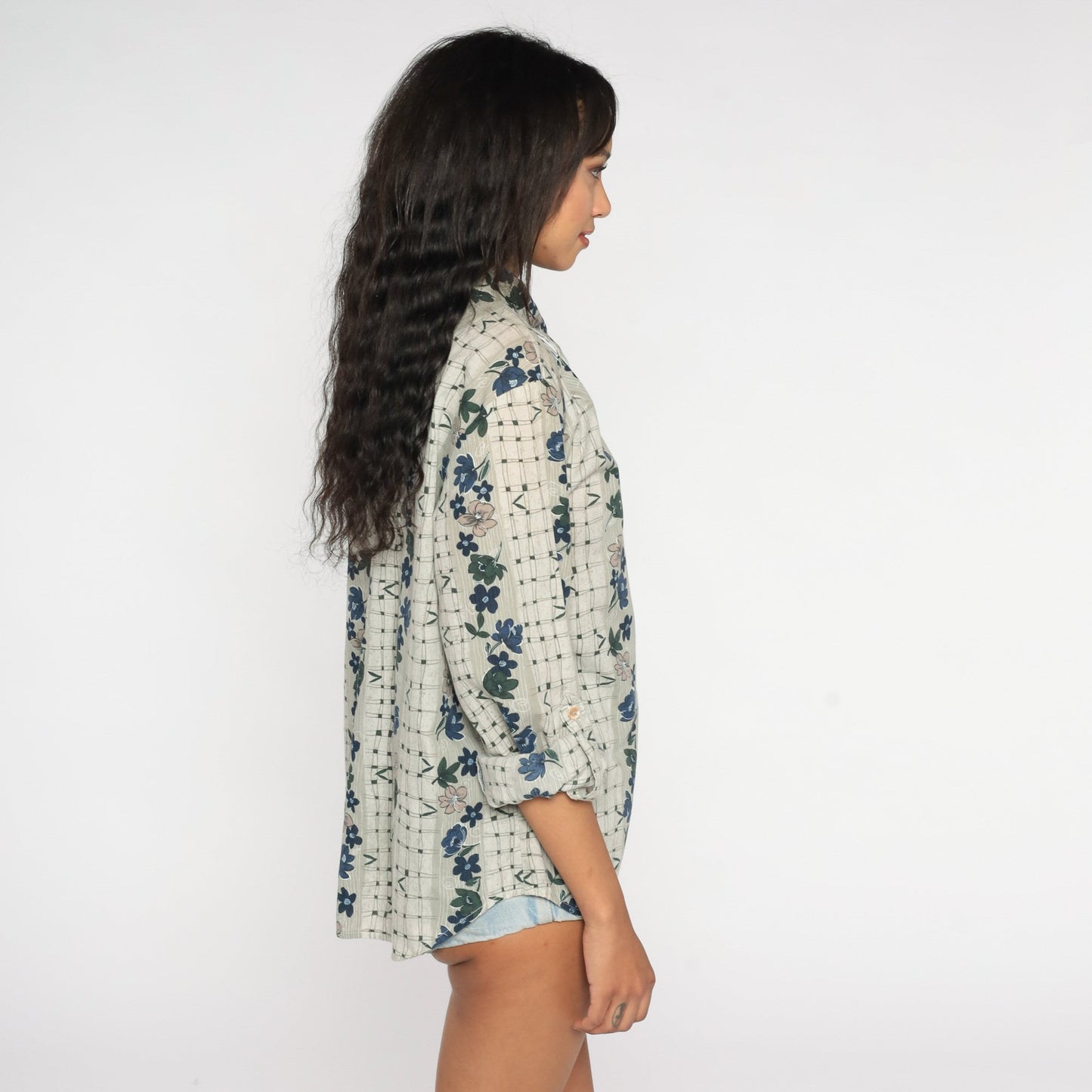 90s Floral Blouse Grey Button Up Checkered Cuffed Sleeve Top Collar Grunge Boho 1990s Vintage Collared Shirt Neutral Flower Print Large L