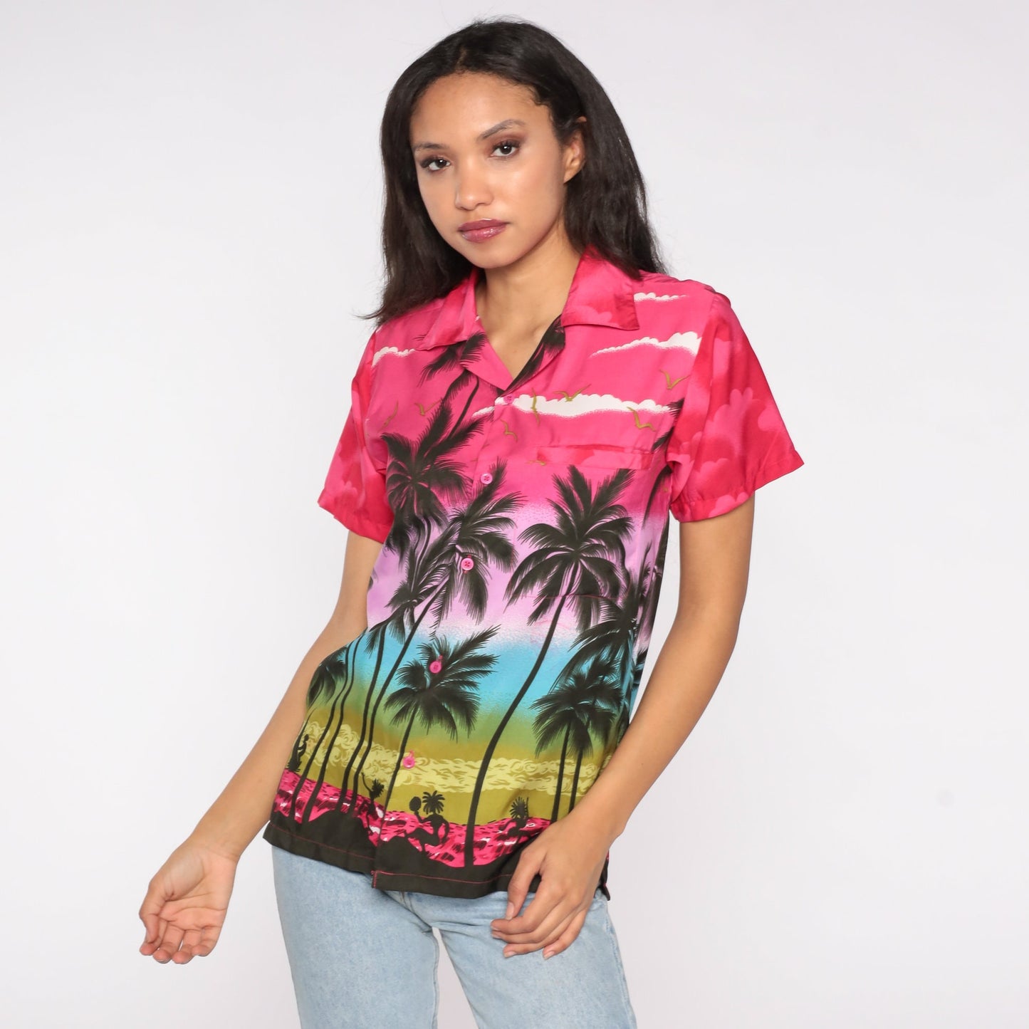 80s Hawaiian Shirt Palm Tree Luau Dancer Sunset Print Button Up Tropical Pink Blue 1980s Top Vintage Short Sleeve Seagull Tourist Small S