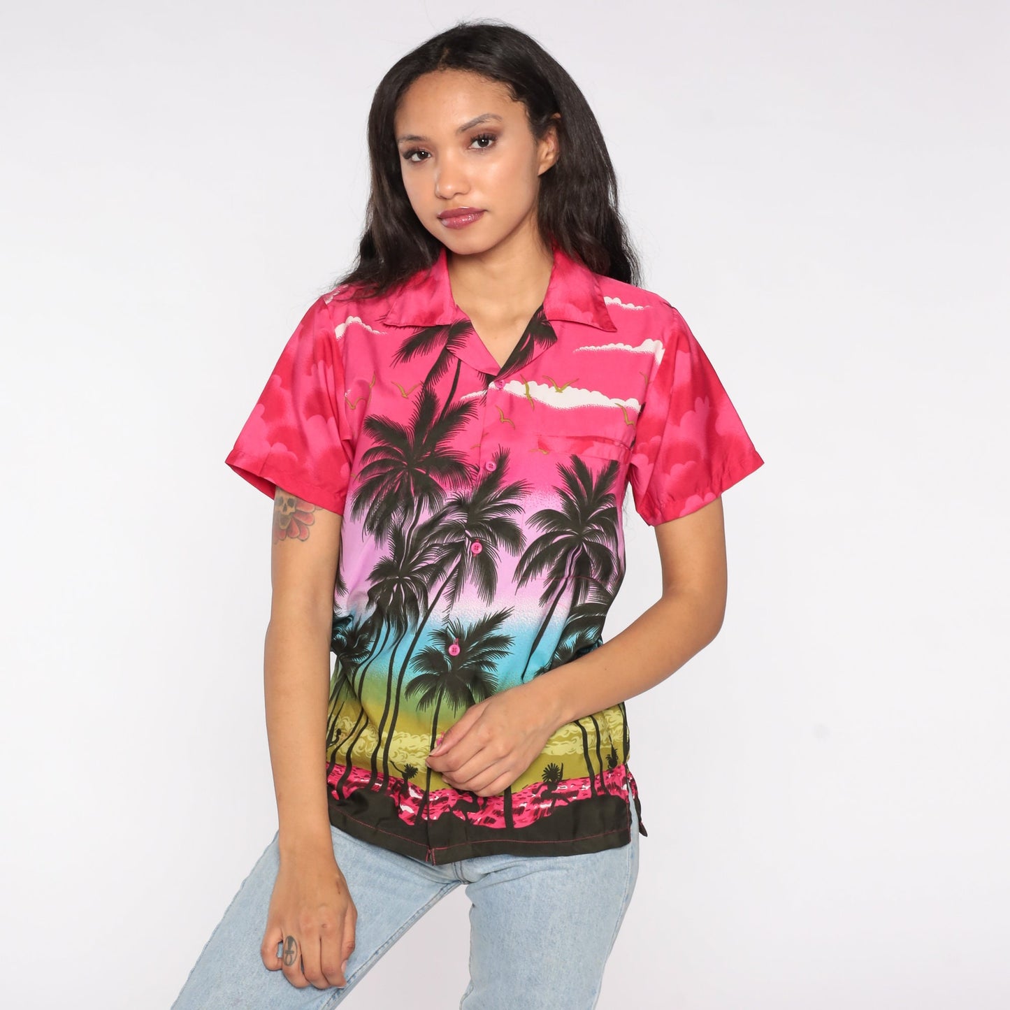 80s Hawaiian Shirt Palm Tree Luau Dancer Sunset Print Button Up Tropical Pink Blue 1980s Top Vintage Short Sleeve Seagull Tourist Small S