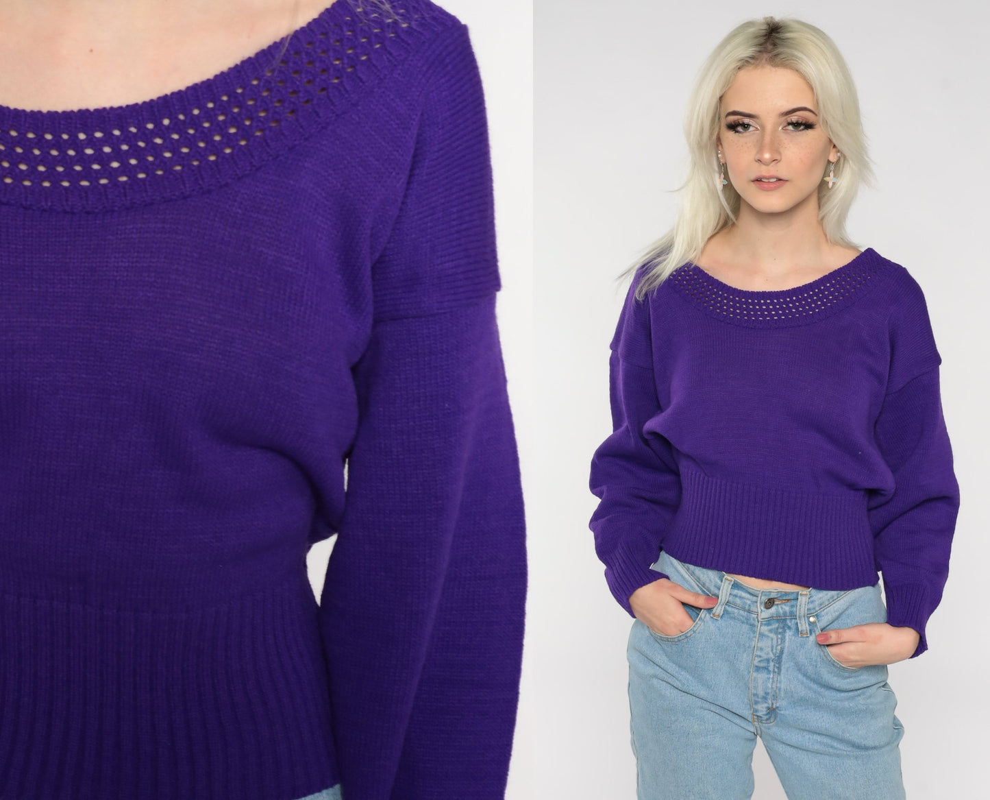 Purple Knit Sweater 80s Cutout Cropped Sweater Slouchy Knit Pullover Jumper 1980s Vintage Knitwear Basic Retro Normcore Medium Large M L