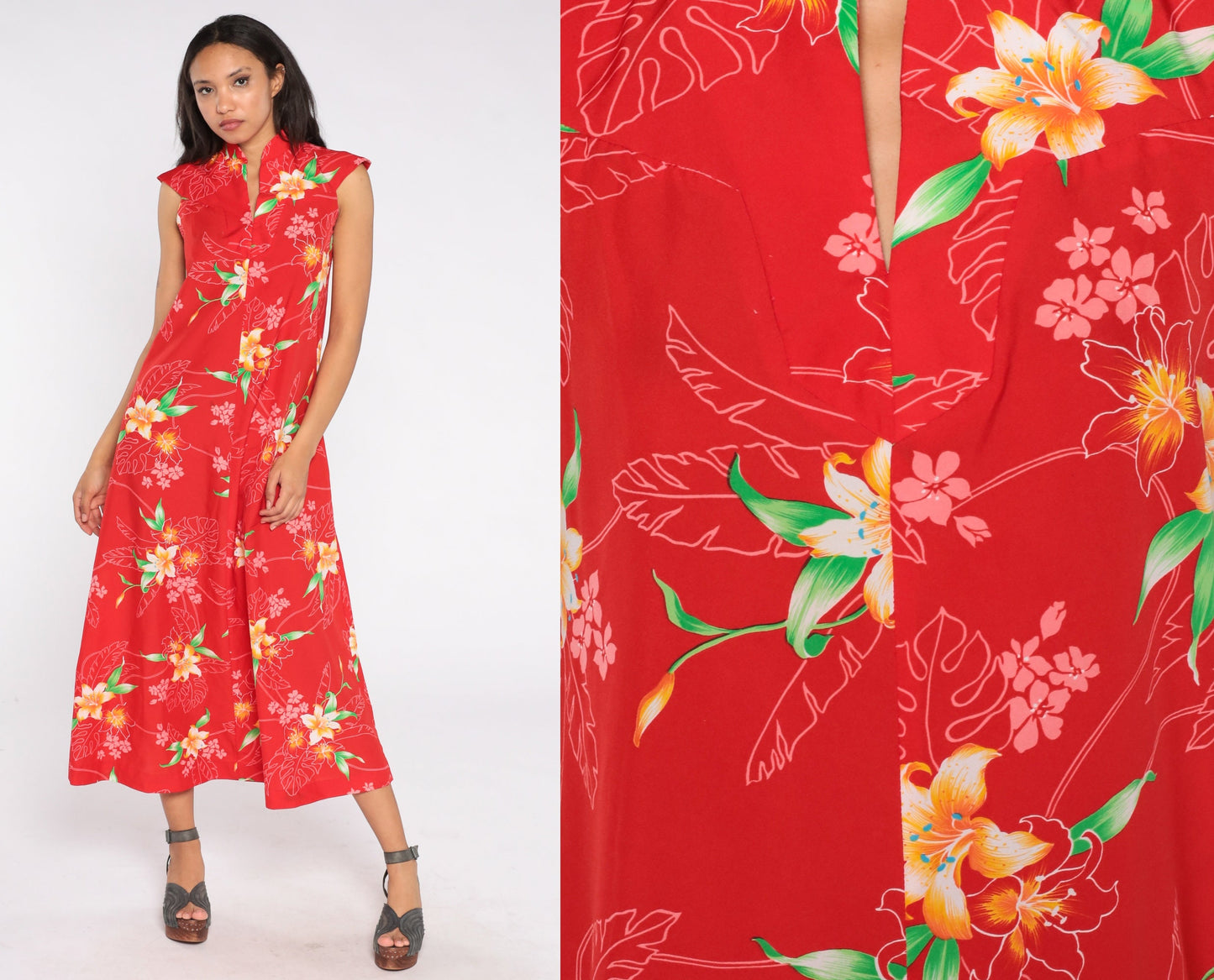 Floral Hawaiian Dress 70s Red Maxi Dress Hippie Tropical Dress 1970s Bohemian Cap Sleeve A-Line Small S