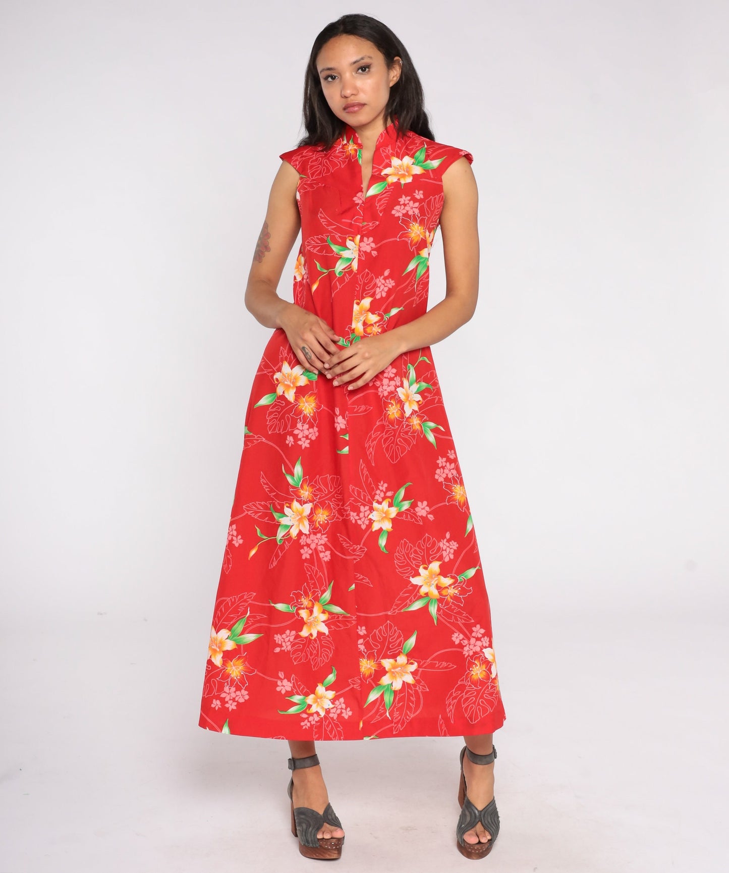 Floral Hawaiian Dress 70s Red Maxi Dress Hippie Tropical Dress 1970s Bohemian Cap Sleeve A-Line Small S
